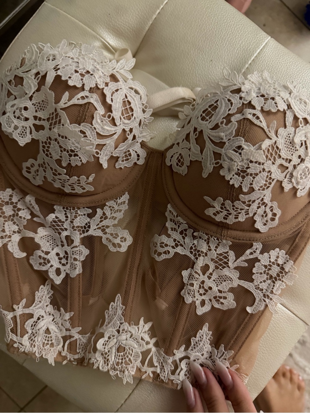 Victoria Secret Lace Bustier Bra in Nude with White Lace
